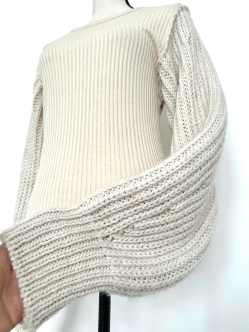 Zara Cream Knit Sweater Balloon Sleeve Ribbed Fitted Chic Pullover NWOT Size M
